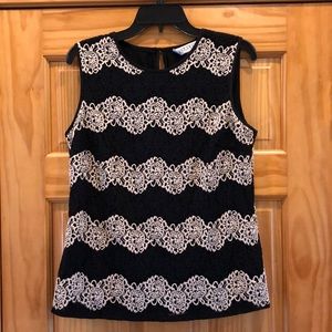 Kasper sleeveless black cream embroidered top
